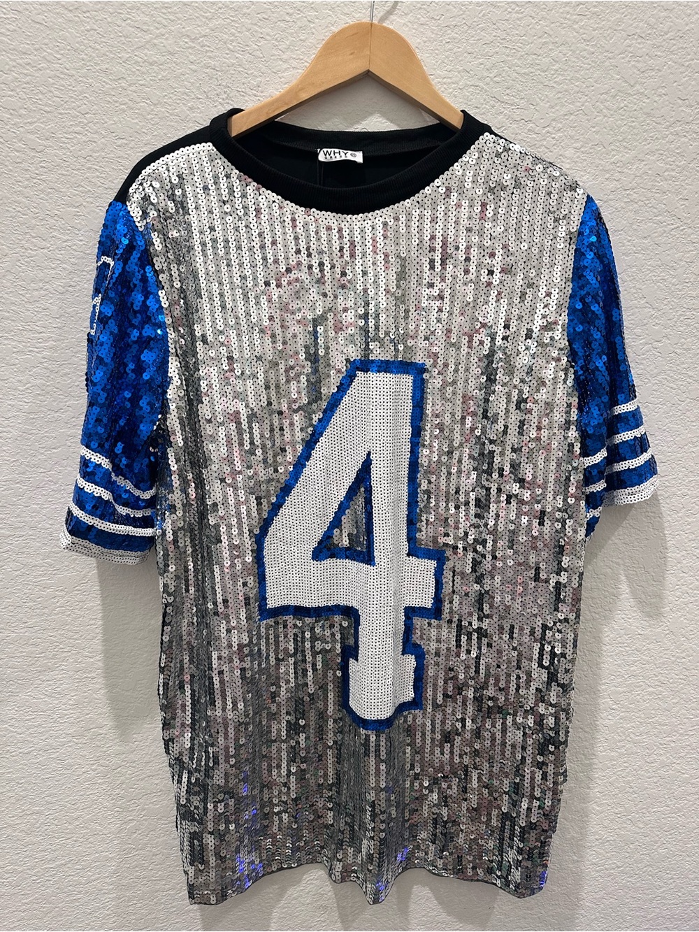 WHY Dress Sequin Football Jersey Top Silver Blue Number 4 New with Tags OS